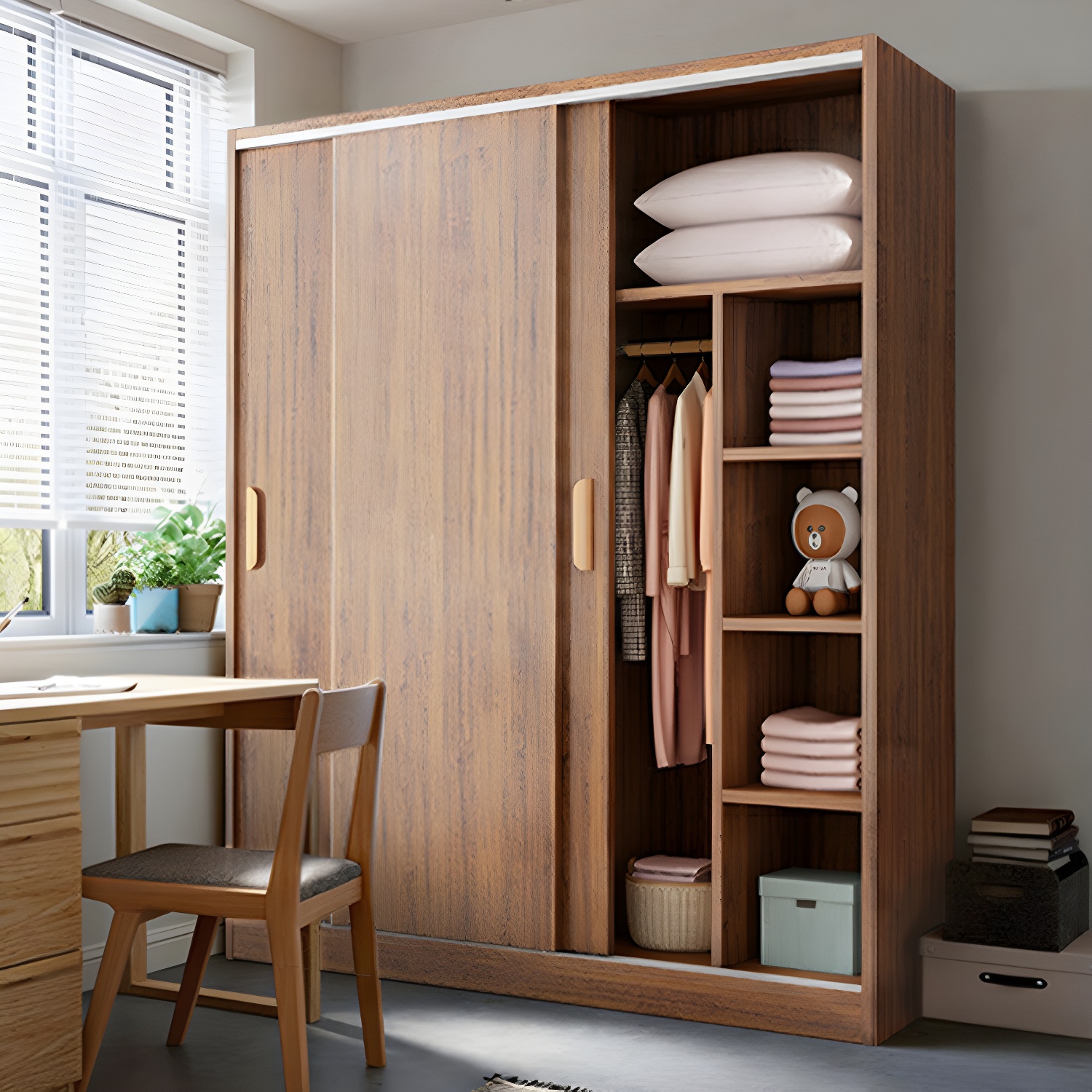 Contemporary Wood Wardrobe Armoire with Sliding Doors, Clothing Rod, and Interior Shelves - image 15
