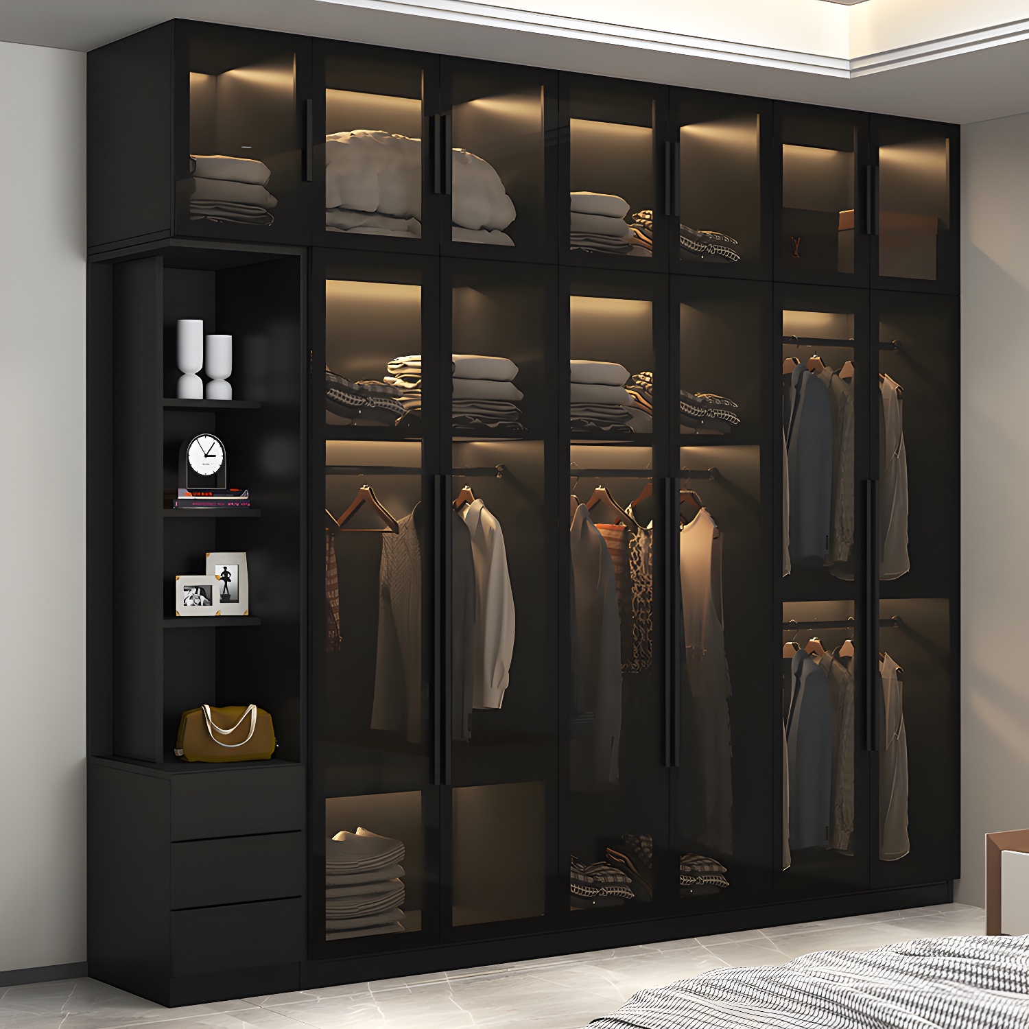 Modern Glass Doors Wardrobe Cabinet Black Bedroom Storage Cabinet Excluding Lighting