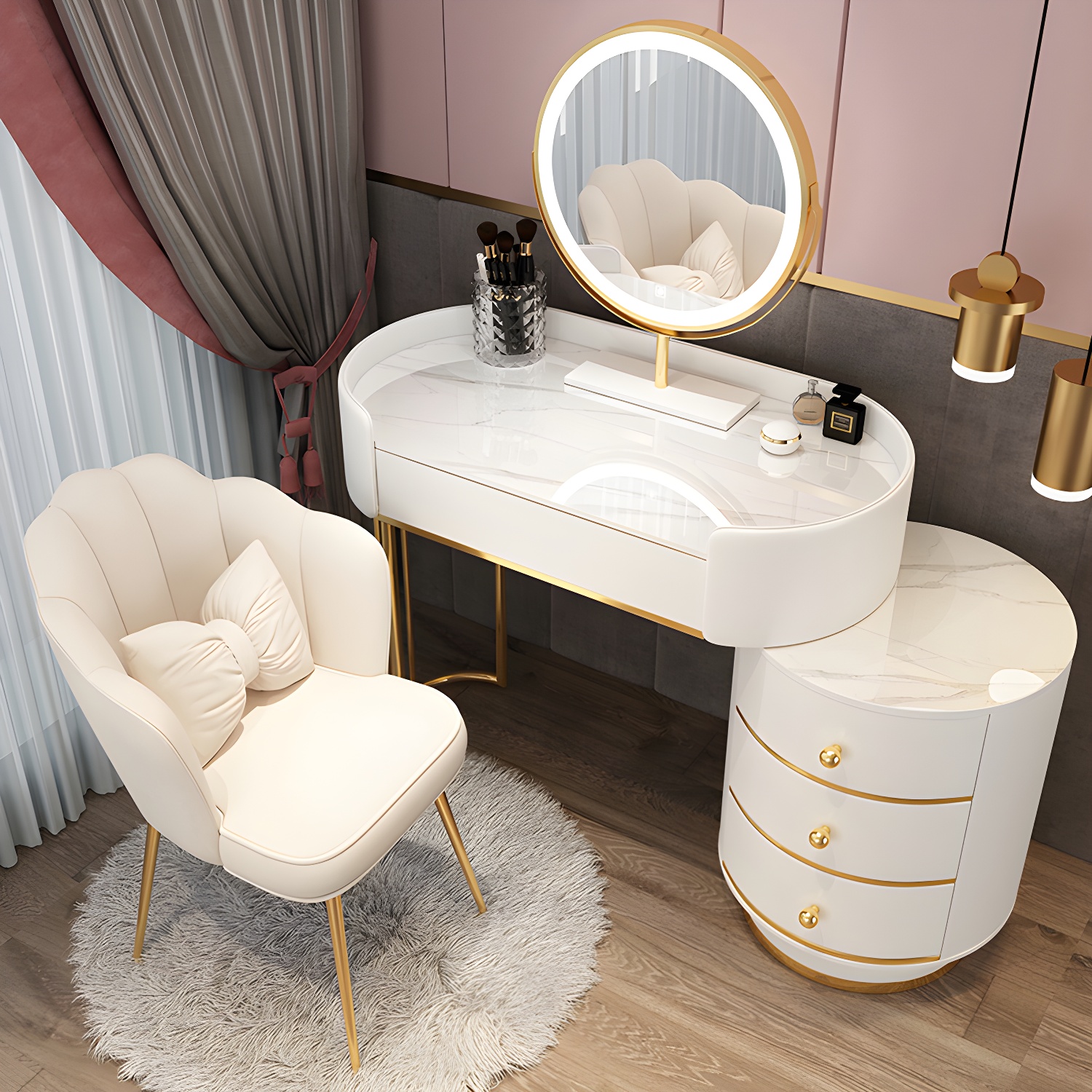 Wooden Makeup Vanity Desk Lighted Mirror Vanity Dressing Table Set with Drawer - image 3