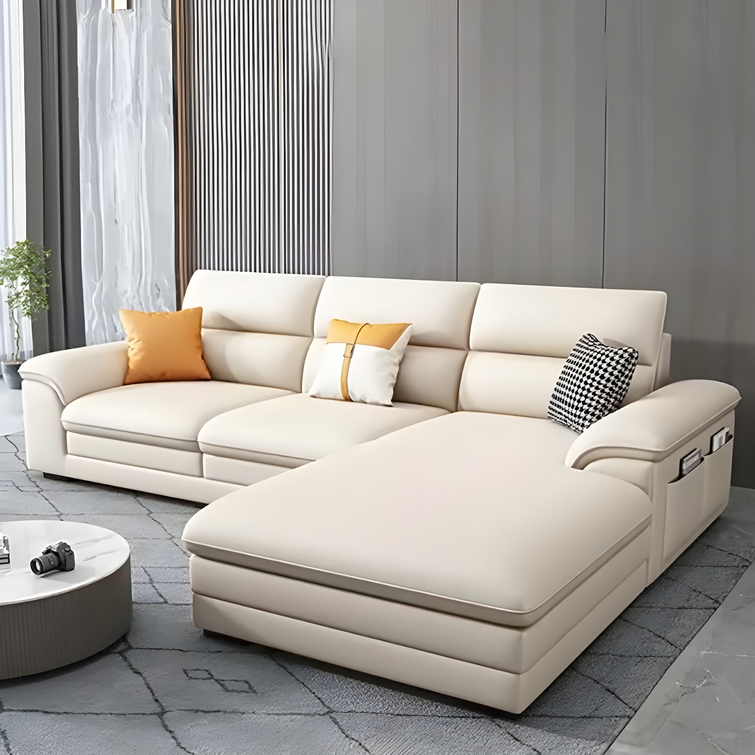 Modern Beige Stationary Sectional Sofa in Scratching Cloth with Wood Frame and Pillow Top Arms - image 14