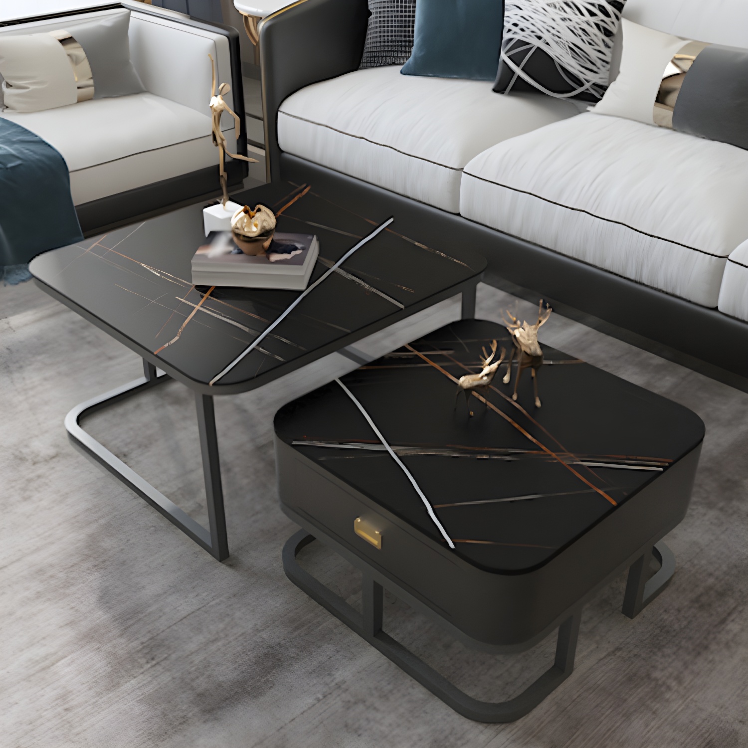 Round Slate/ Glass Coffee Table Frame 2 Nesting Cocktail Table with Storage - image 3