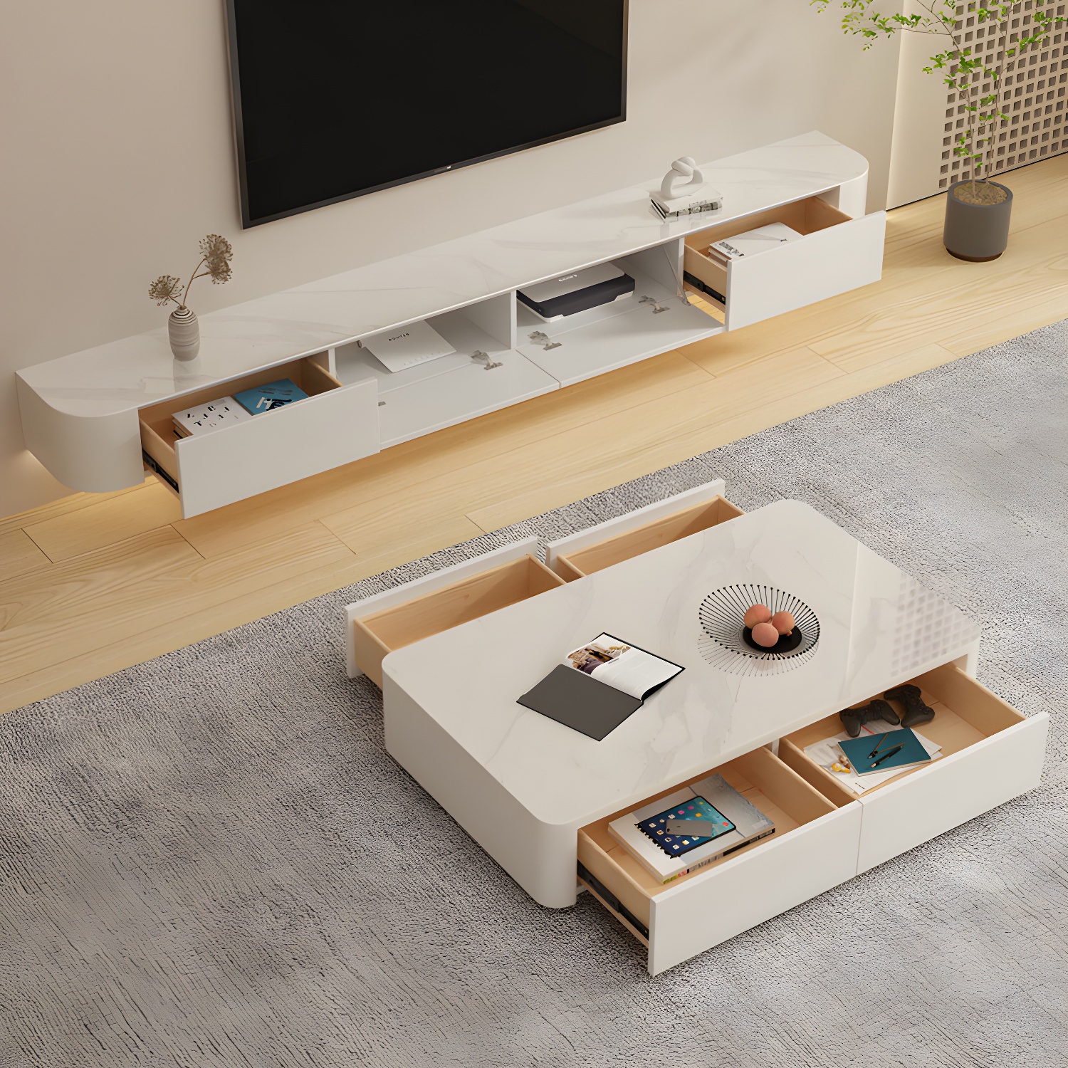 Modern White TV Media Stand Floating TV Stand Console with Drawers for Living Room - image 13