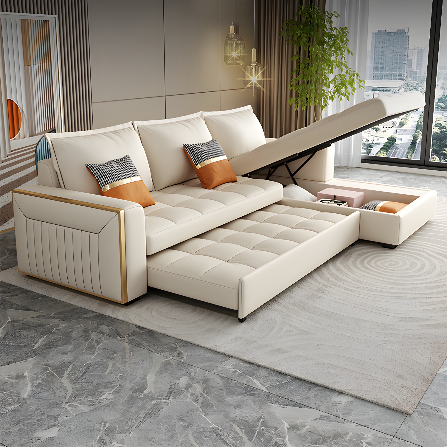 White Modern Sofa Bed with Storage USB Charging Convertible Sectional - image 2