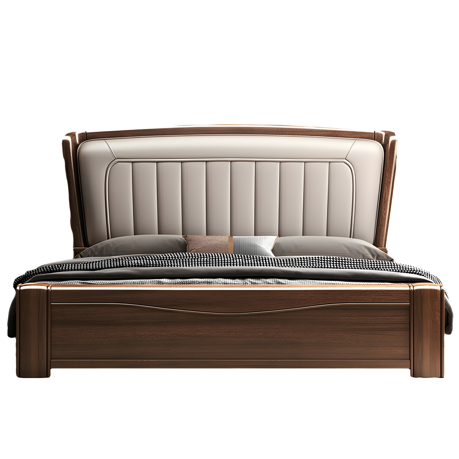 Traditional Walnut Wood Brown Bed with Rectangular Upholstered Headboard for Bedroom - image 5