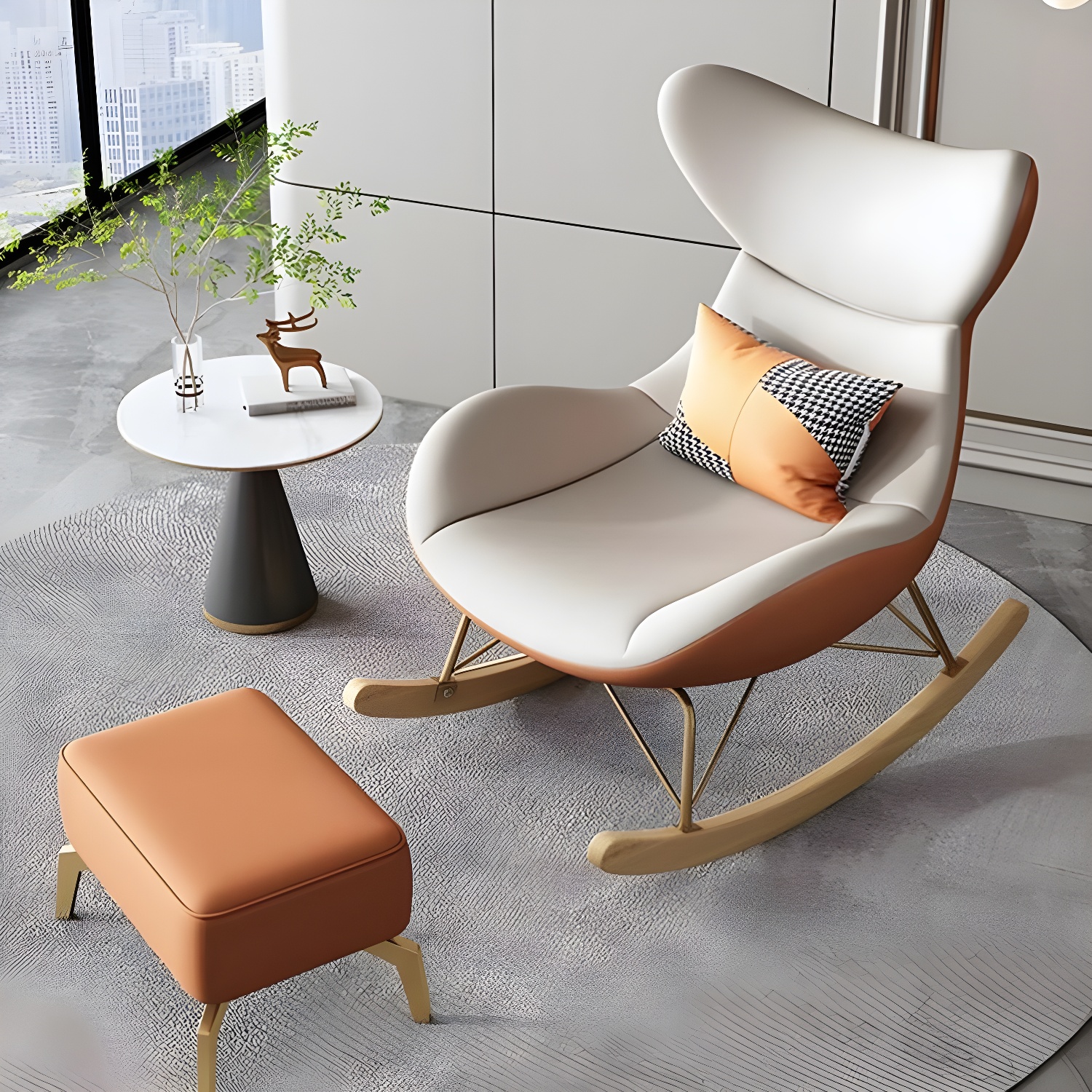 Modern Non-Scratch Armless Indoor Solid Wood Faux Leather Rocking Chair - image 5