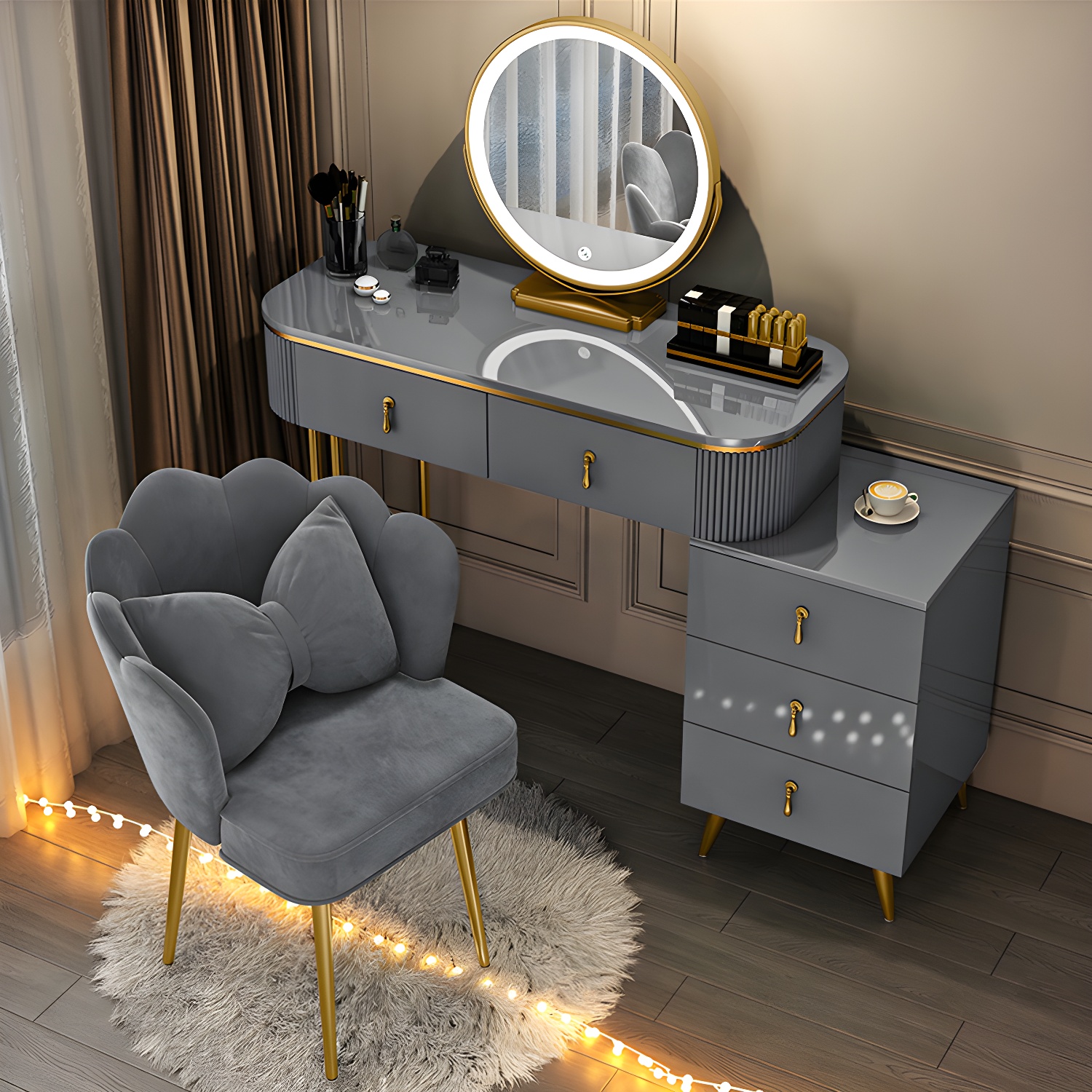 Gold Base Makeup Counter 15.74" Wide Vanity Tables with Storage Drawers - image 5