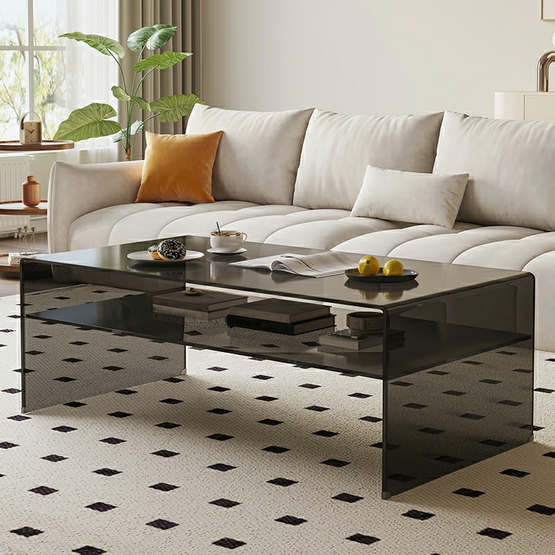 Rectangular Glass Modern Coffee Table with Transparent Top and Sleek Glass Base