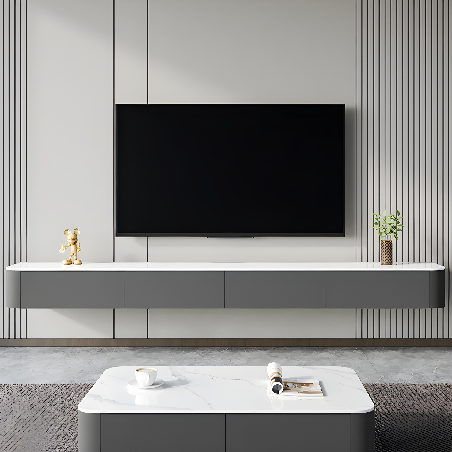 Contemporary Wall-mounted TV Media Stand Wood Frame Slate Top with Storage