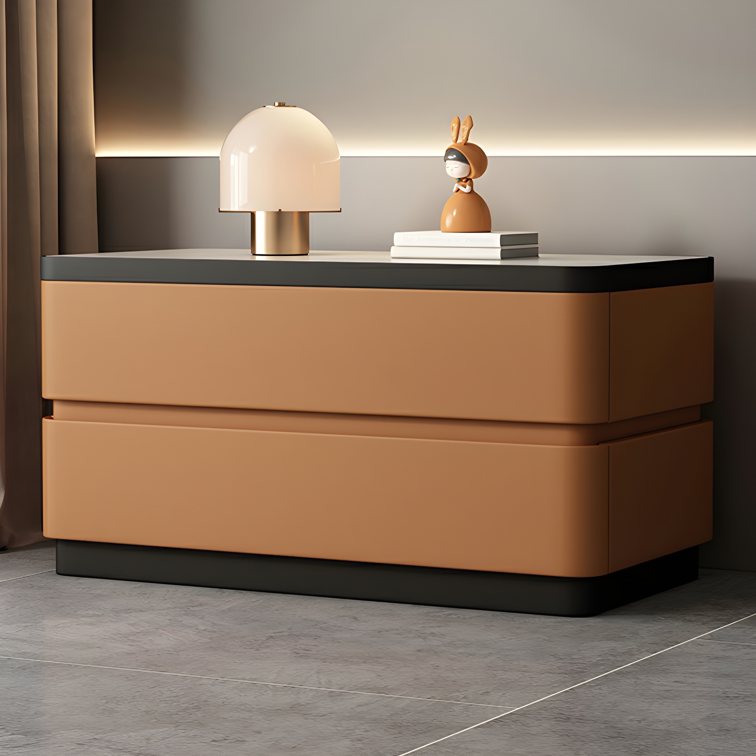 Modern Faux Leather Nightstand with 2 Drawers and Stone Countertop for Bedroom - image 8