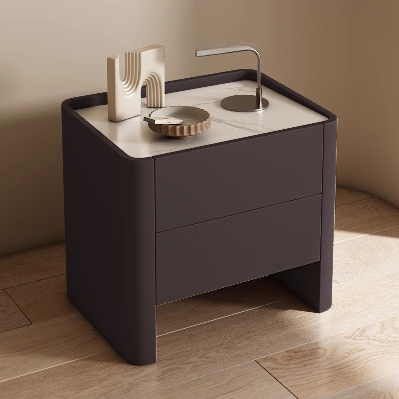 Stylish Drawer Storage Nightstand with 2 Drawers, Stone Countertop, and Leg