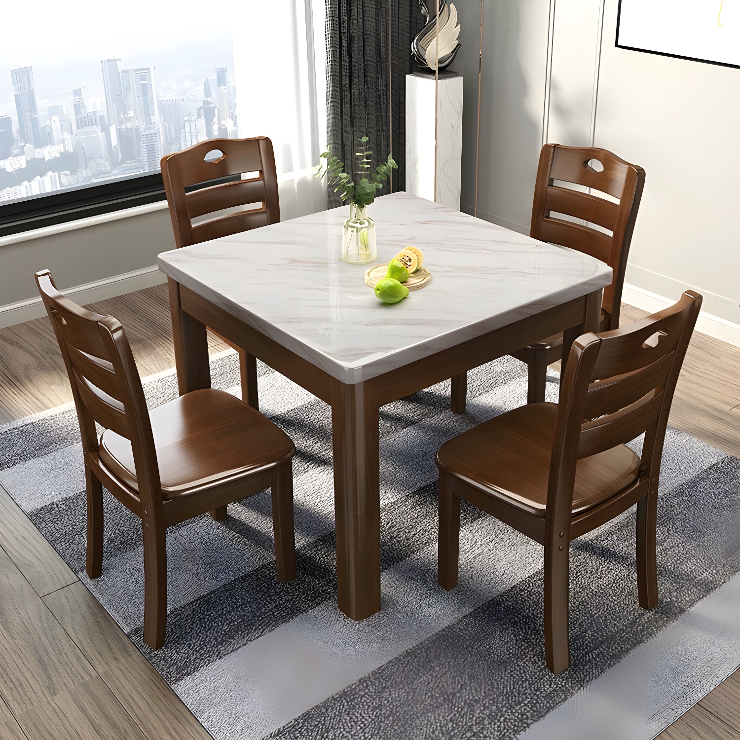 Square Marble Dining Table Set 1/5 Pieces with Solid Wood Base for Kitchen