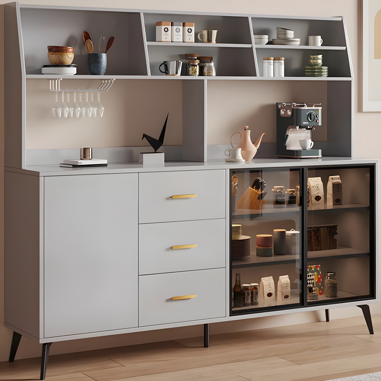 Glass Door Modern Wooden Kitchen Sideboard with Adjustable Shelving - image 15