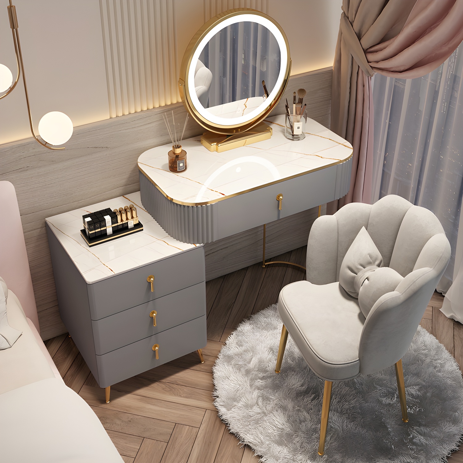 Contemporary Mirrored Wood Top Makeup Vanity Desk White/Gray Dressing Table