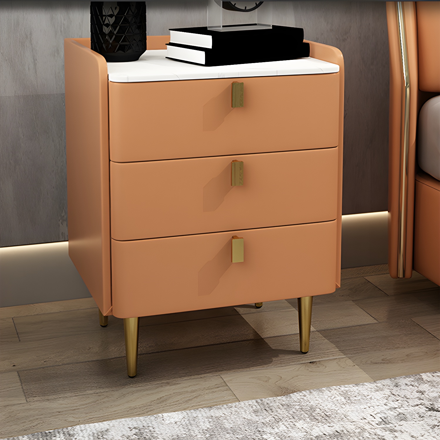 Faux Leather Nightstand Modern 3 - Drawer Nightstand with Stone Top - image 11