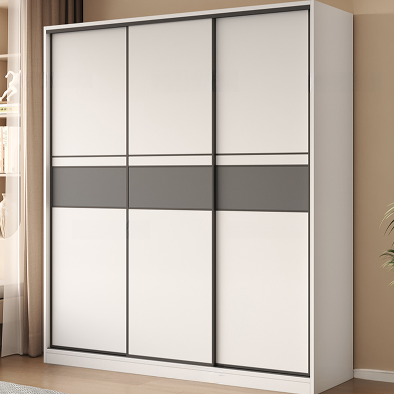 White Minimalist Manufactured Wood Wardrobe Closet with Interior Shelves and Clothing Rod