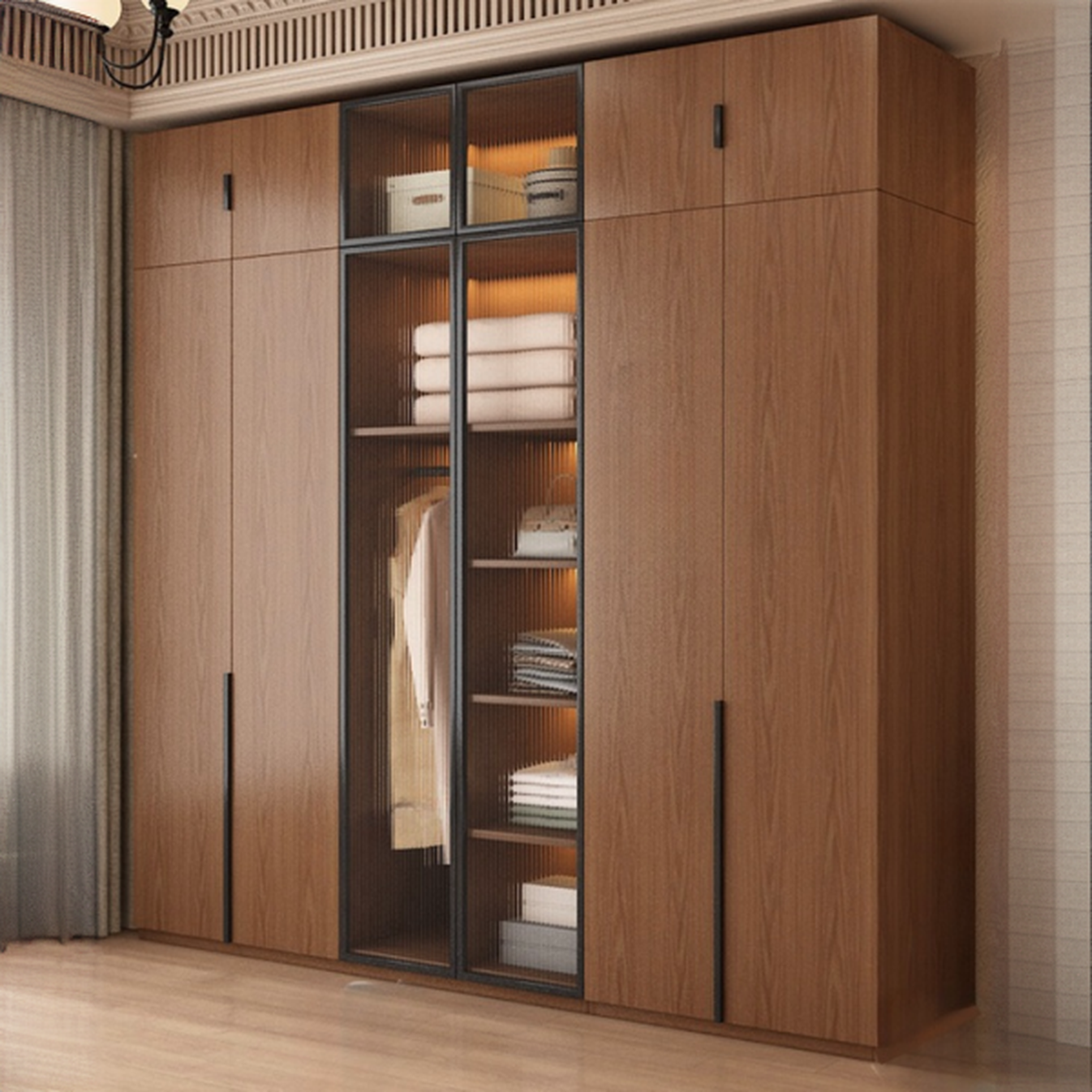 Sepia Modish Laminate Wardrobe Closet with Interior Shelves and Clothing Rod