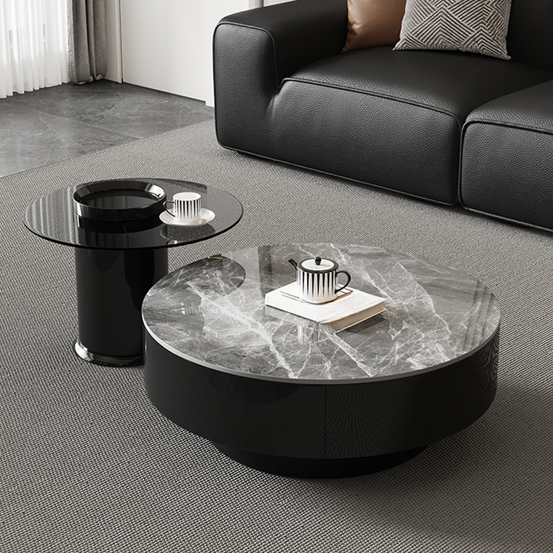 Elegant 1-Tier Circular-shaped Slate Side Table with Drum Base and Midnight Black Top, Includes 2 Drawers/1 Drawer - image 5