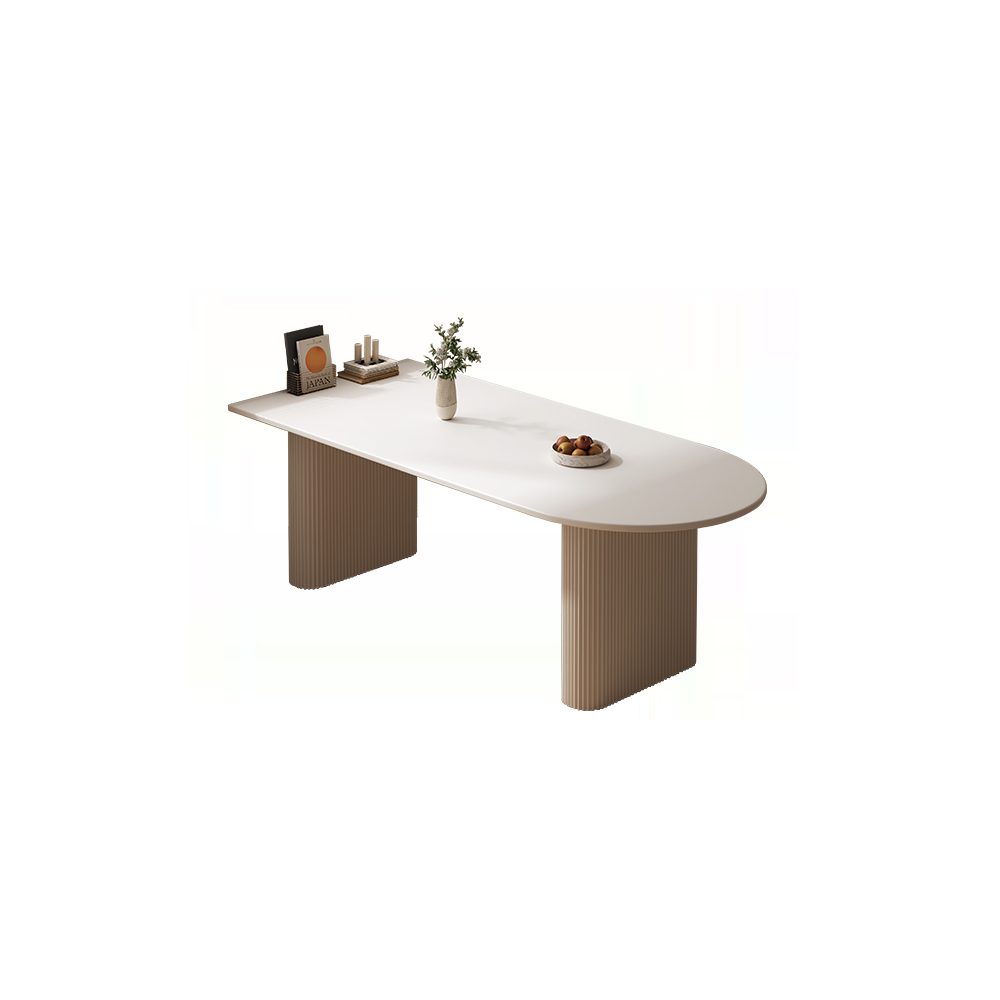 Minimalist Dining Table Set with White Slate Top and Two-sided Pedestal Base, Featuring a Fixed Table