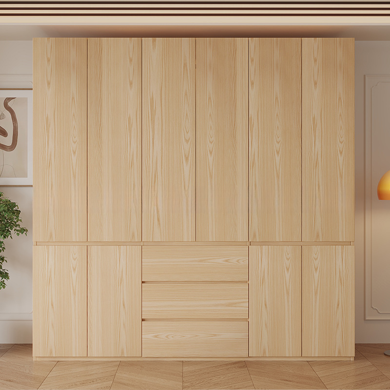 Natural Finish Minimalist Laminate Cabinet Armoire with Soft Close Drawer and Door, Interior Shelves, and Clothing Rod