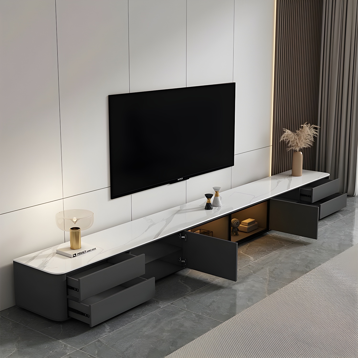Grey Stone TV Stand with Drawers and Cabinet and No Cable Management for Modern-Style Long TVs - image 4