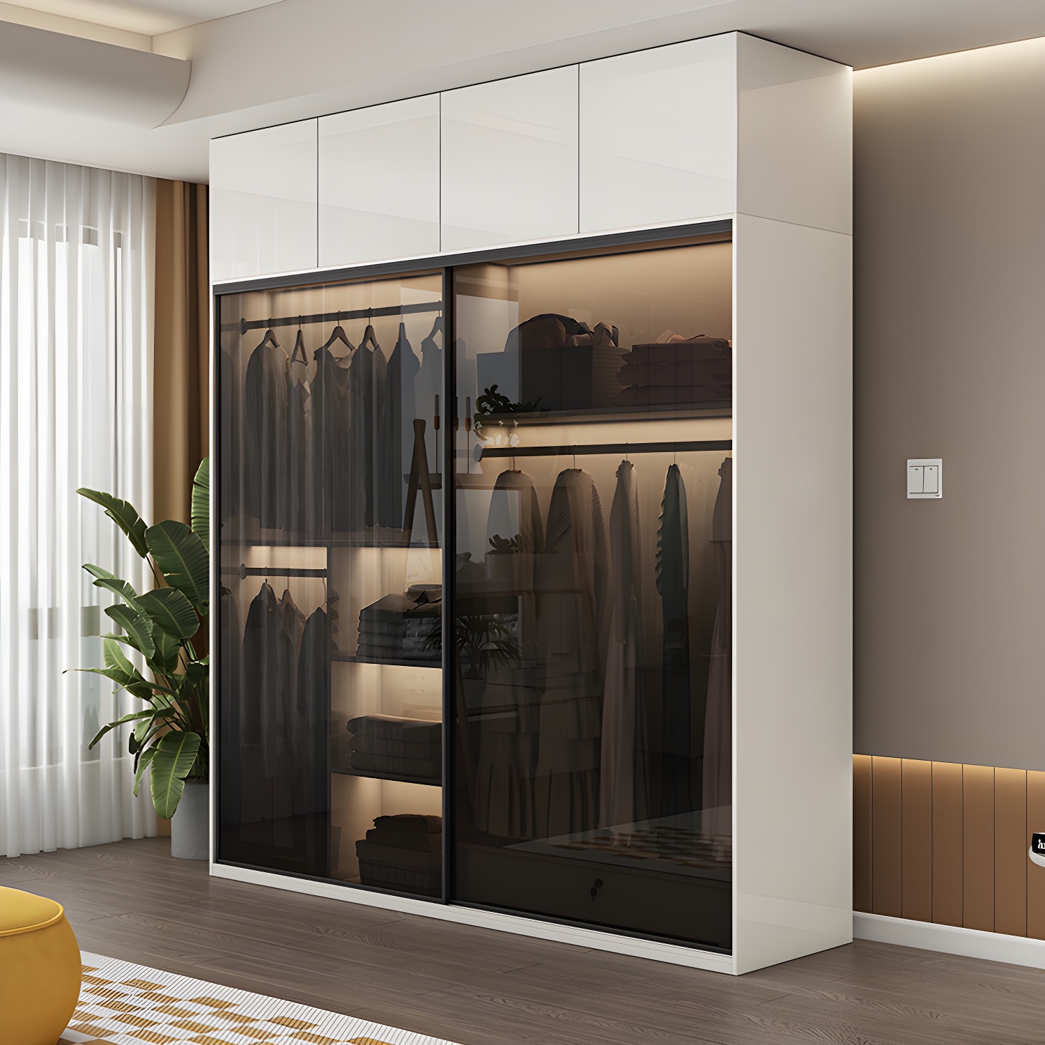 White Glass Wardrobe Rod Included Wardrobe Wardrobe Closet without Light