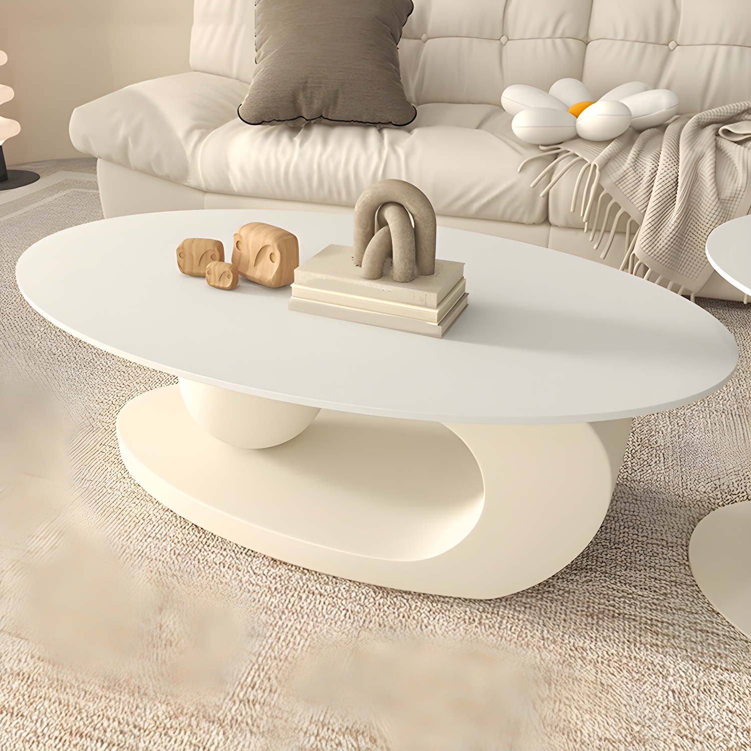 White Stone Modern Coffee Table with Abstract Steel Base for Living Room