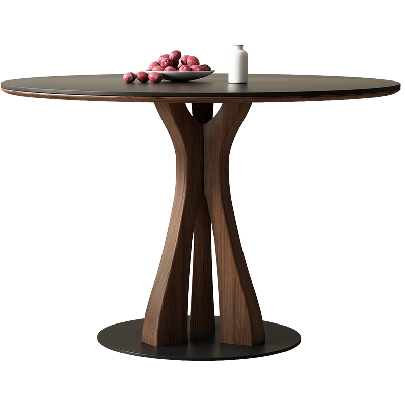Round Modern Stone Top Dining Table with Solid Wood Pedestal Base