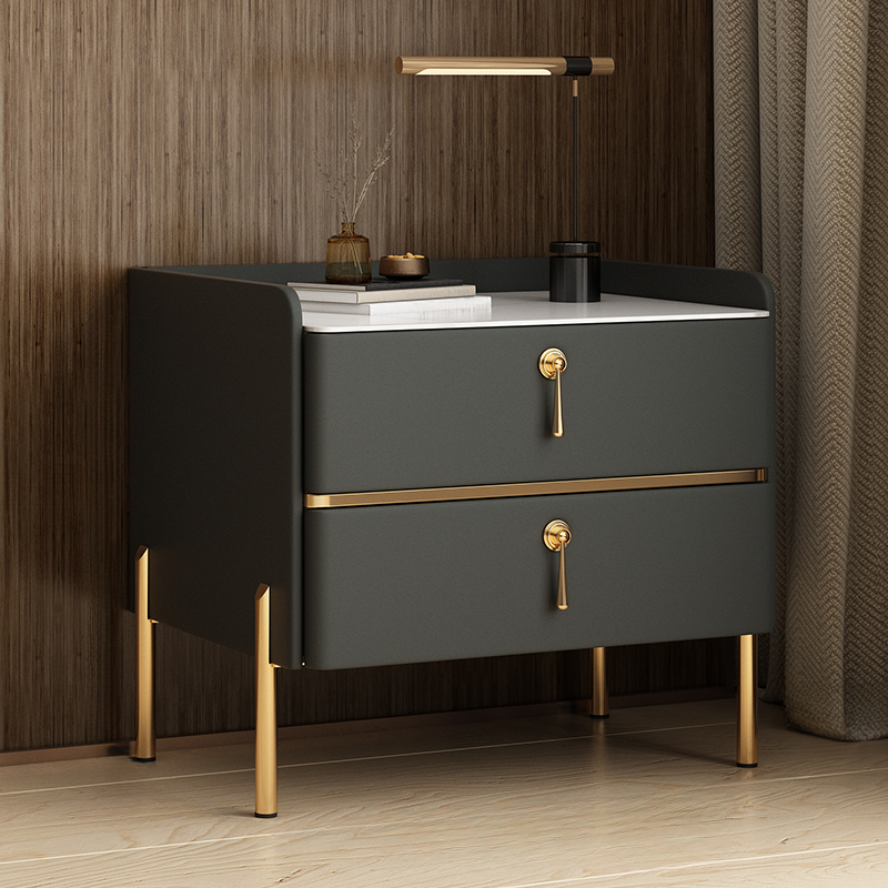 Stylish/Art Deco Drawer Storage Nightstand with 2 Drawers, Stone Countertop, and Leg