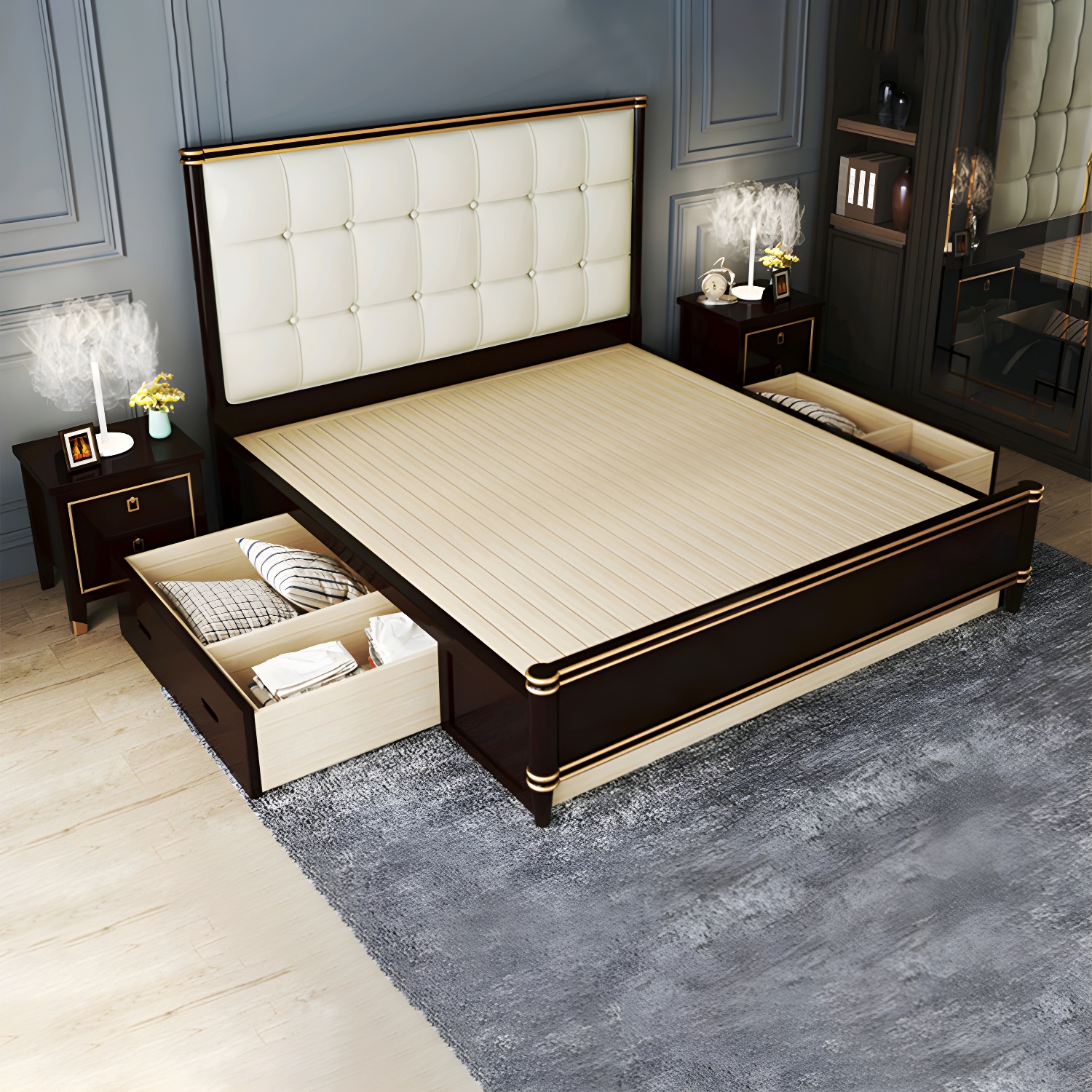 Modern Standard Bed with Tufted Upholstered Headboard and Soild Wood Legs - image 12