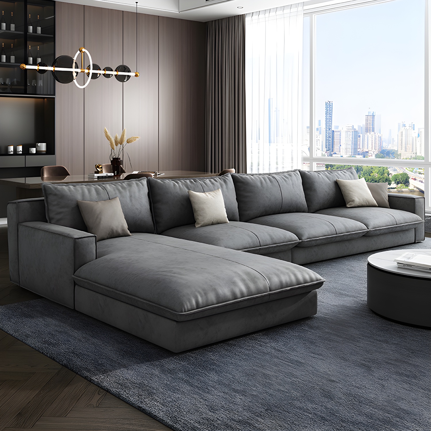 Scandinavian Pillow Back Sectional with Square Arm for Living Room