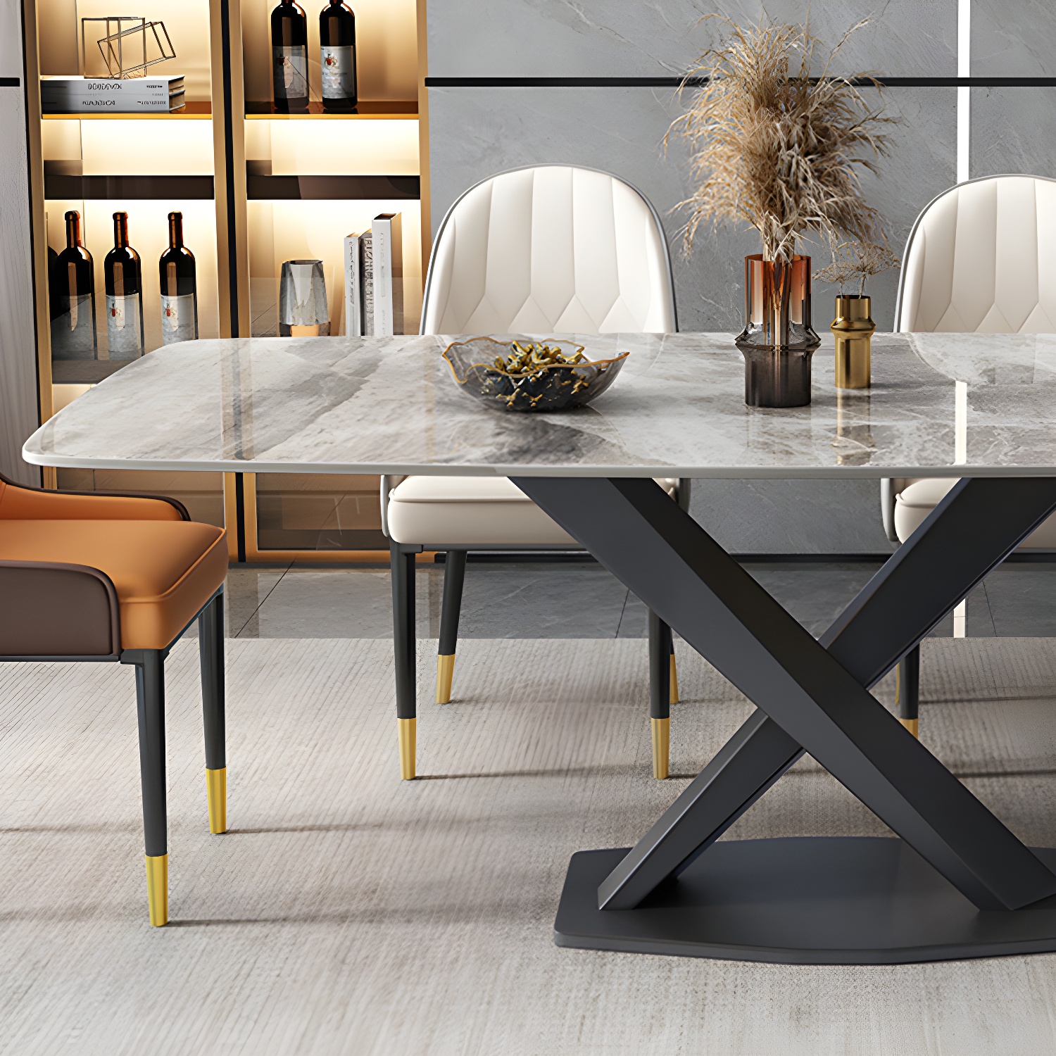 Modern 5/7-Piece Dining Set with Upholstered Chairs in Beige and Slate Table Top - image 7