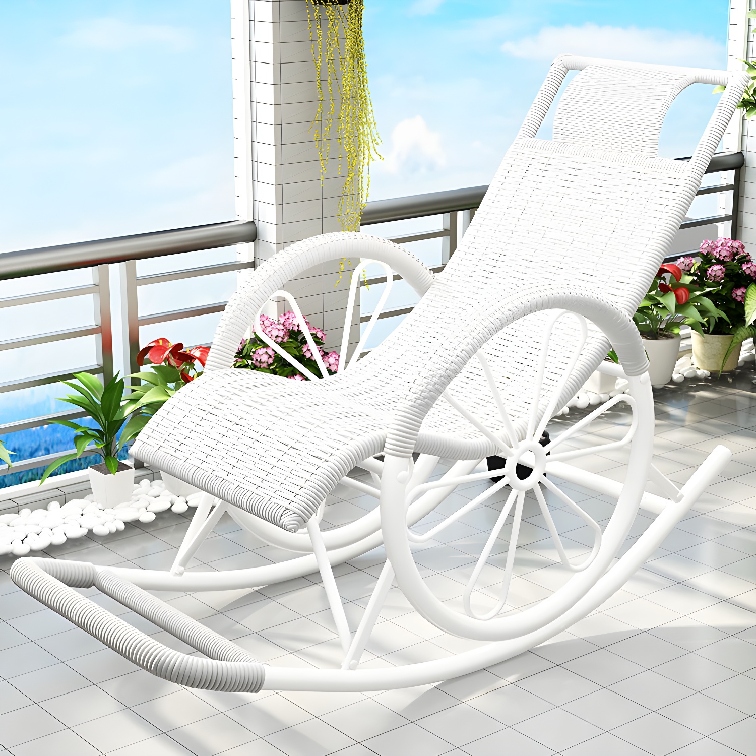 Modern Spindle Rattan Rocking Chair Metal Frame Wheel Handrail Design Rocker Chair - image 11