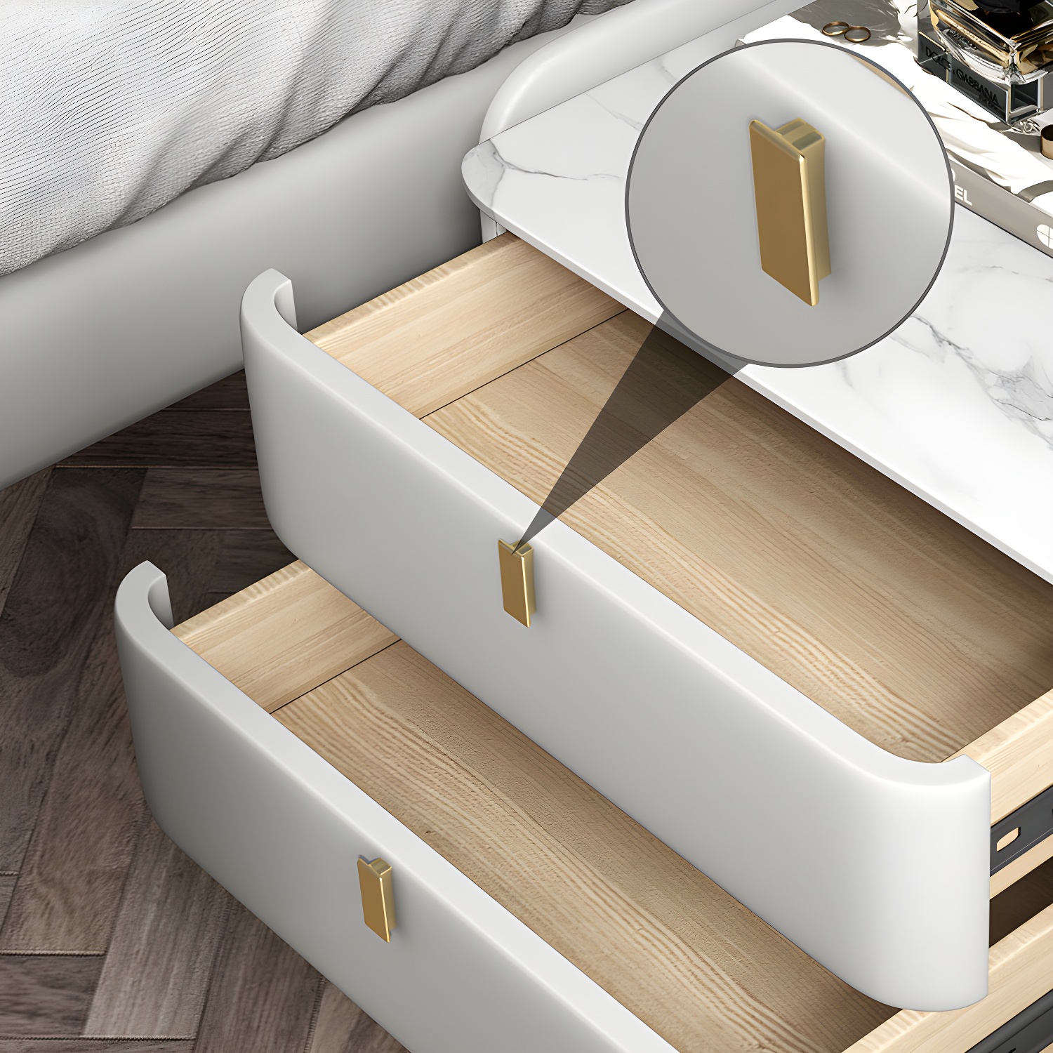 Stone Top Nightstand 3-drawer Leather Night Table with 4 Legs - image 16