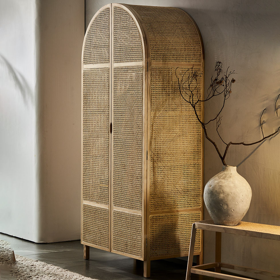 Wood Framed Rattan Arched Armoire Cabinet in a Contemporary Style, 2-Drawer Included/Not Included - image 5