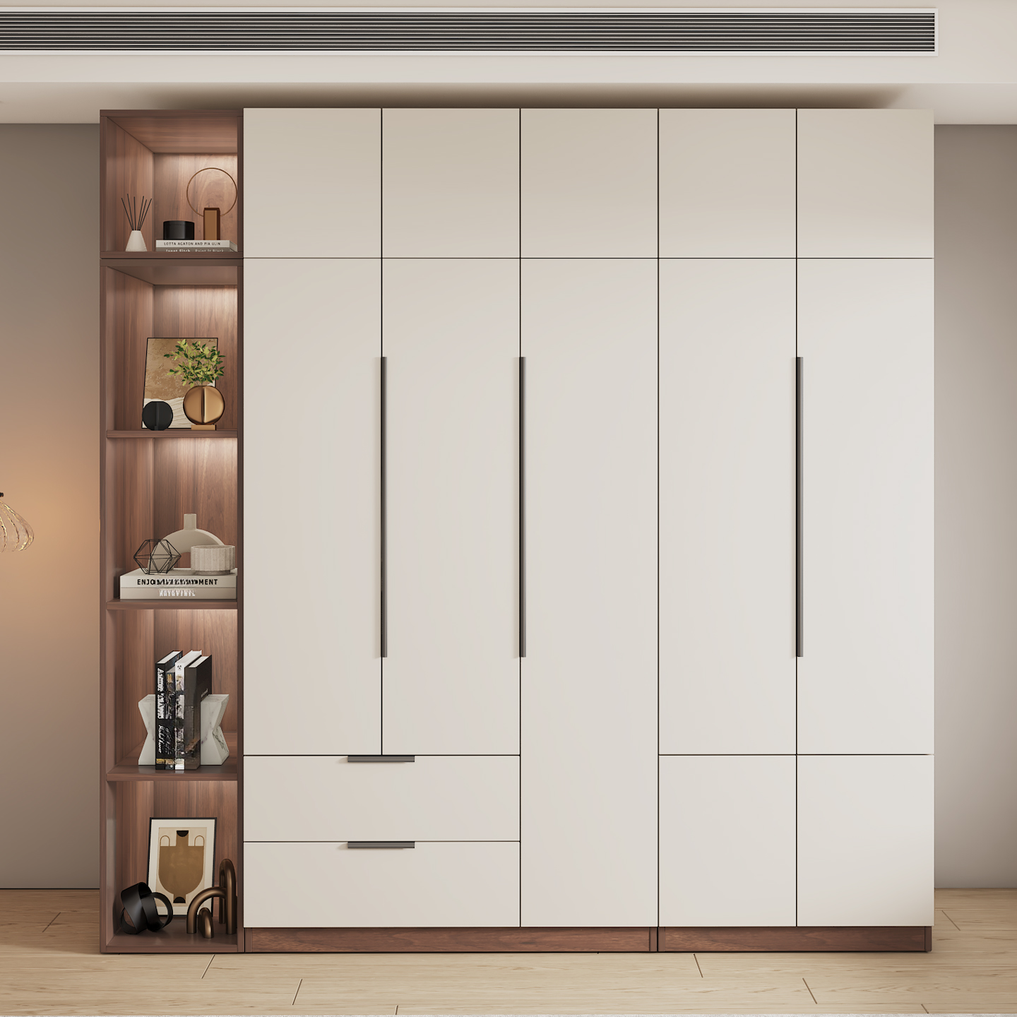 White Modish Manufactured Wood Independent Armoire Cabinet with Soft Close Drawer, Soft Close Door, and Interior Shelves