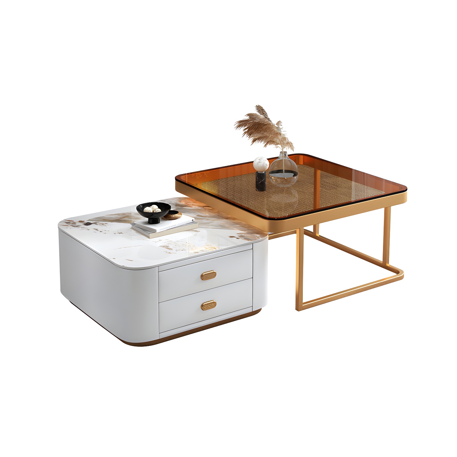 Square Coffee Table Glass Top 2 Nesting Coffee Table Set with Storage - image 7