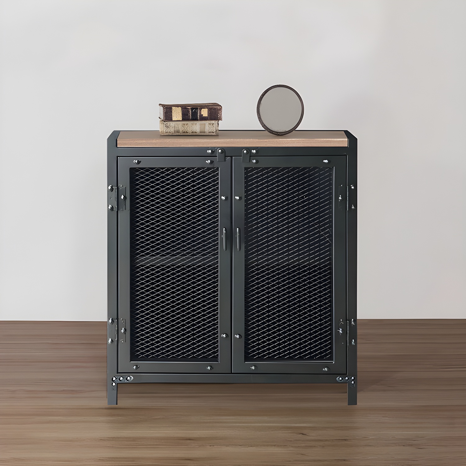 29.5" Tall Metal Accent Cabinet Industrial 2 - Door Chest with Wood Top