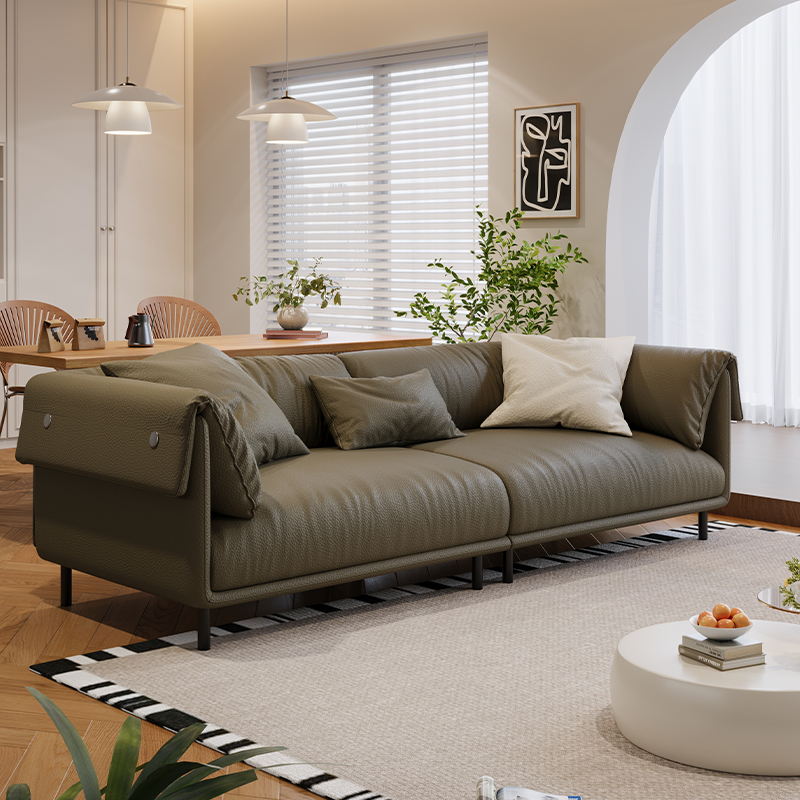 Drawing Room Standard Sofa in Genuine Leather/Flannel with White/Cerulean/Tan Upholstery, Armrest, and 3 Pillows - image 6