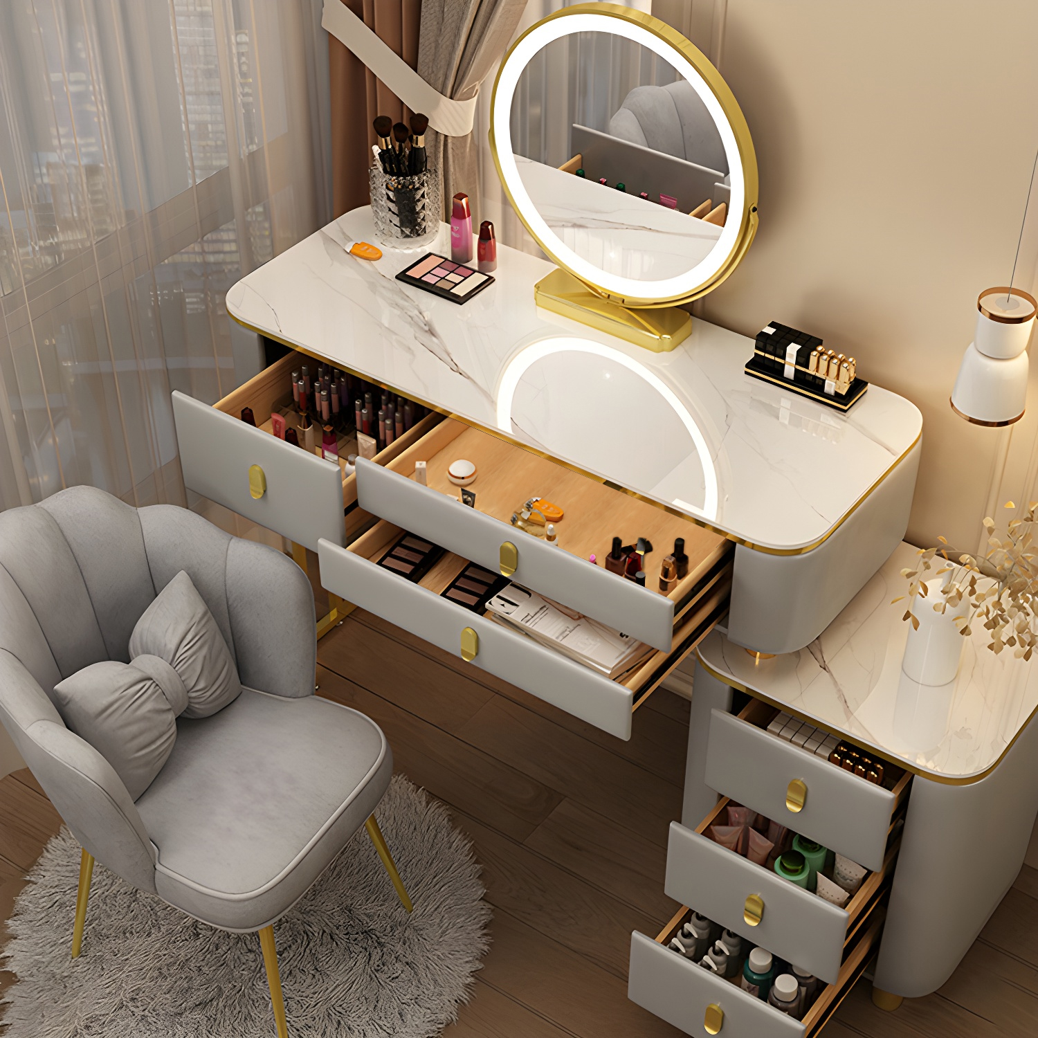 Luxurious Stone Top Vanity Dressing Table with 6 Drawers for Bedroom - image 7