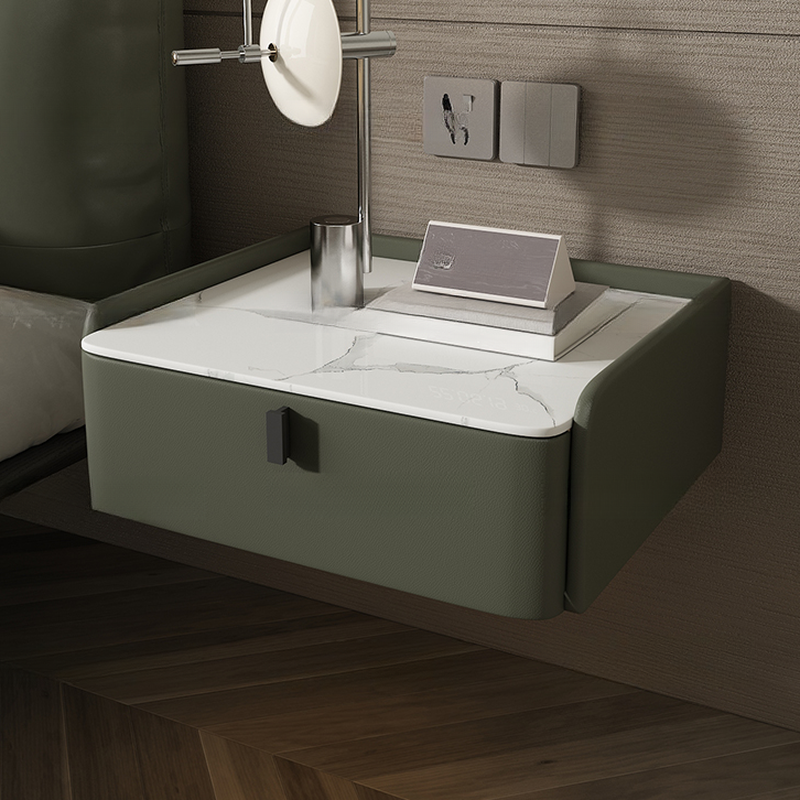 Organic Modern Bedside Cabinet Nightstand with 1 Drawer, Stone Countertop, and Hanging Shelf