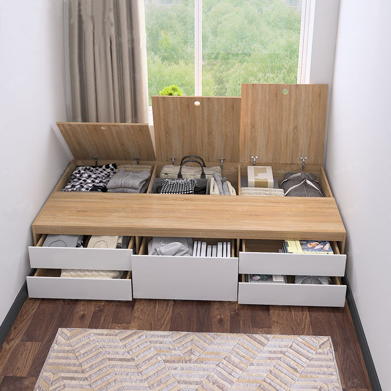 Wood Color Platform Storage Bed with Timber Bed Panel in a Modern Simple Style
