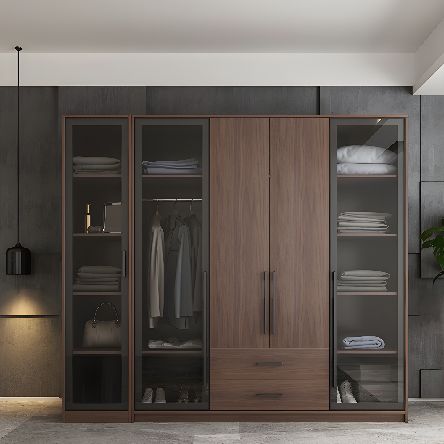 Brown Wood Wardrobe Armoire Modern Freestanding Wardrobe with Self Close Drawers - image 3
