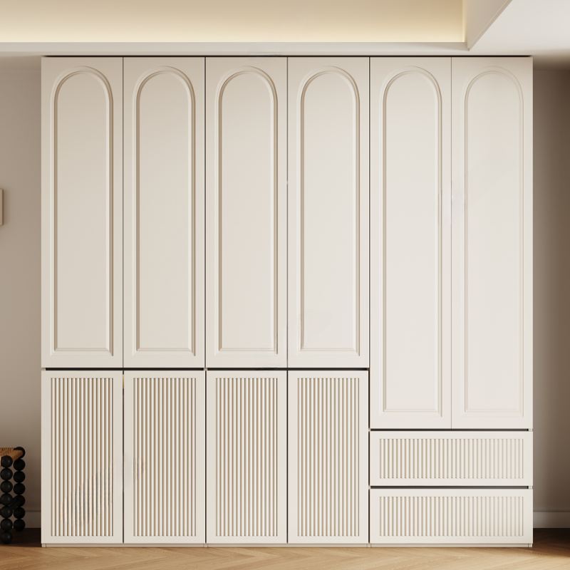 White Minimalist Pine Wood Wardrobe Closet with Soft Close Drawer, Soft Close Door, Interior Shelves, and Clothing Rod