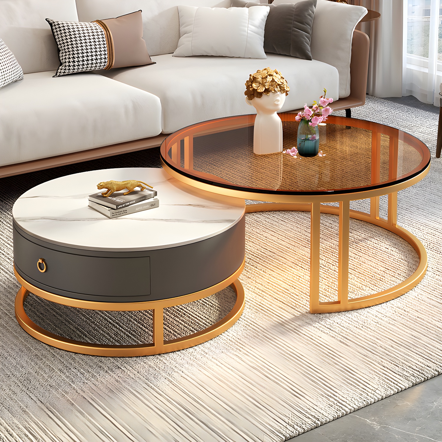 Modern Glass Coffee Cocktail Table Round Nesting Coffee Table Set - image 9