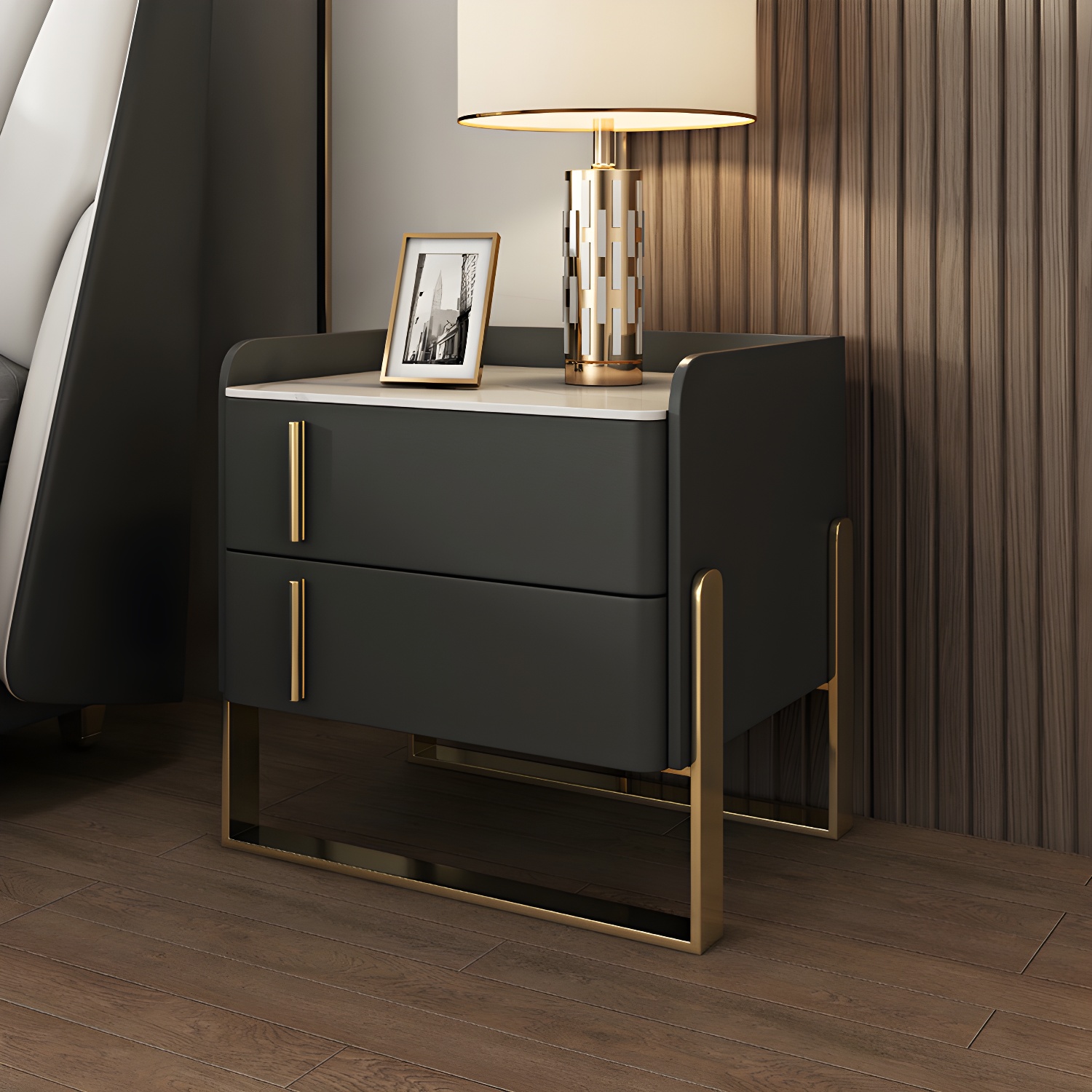 Glam Nightstand with 2 Drawer 20-inch Tall Leather Night Table - image 9