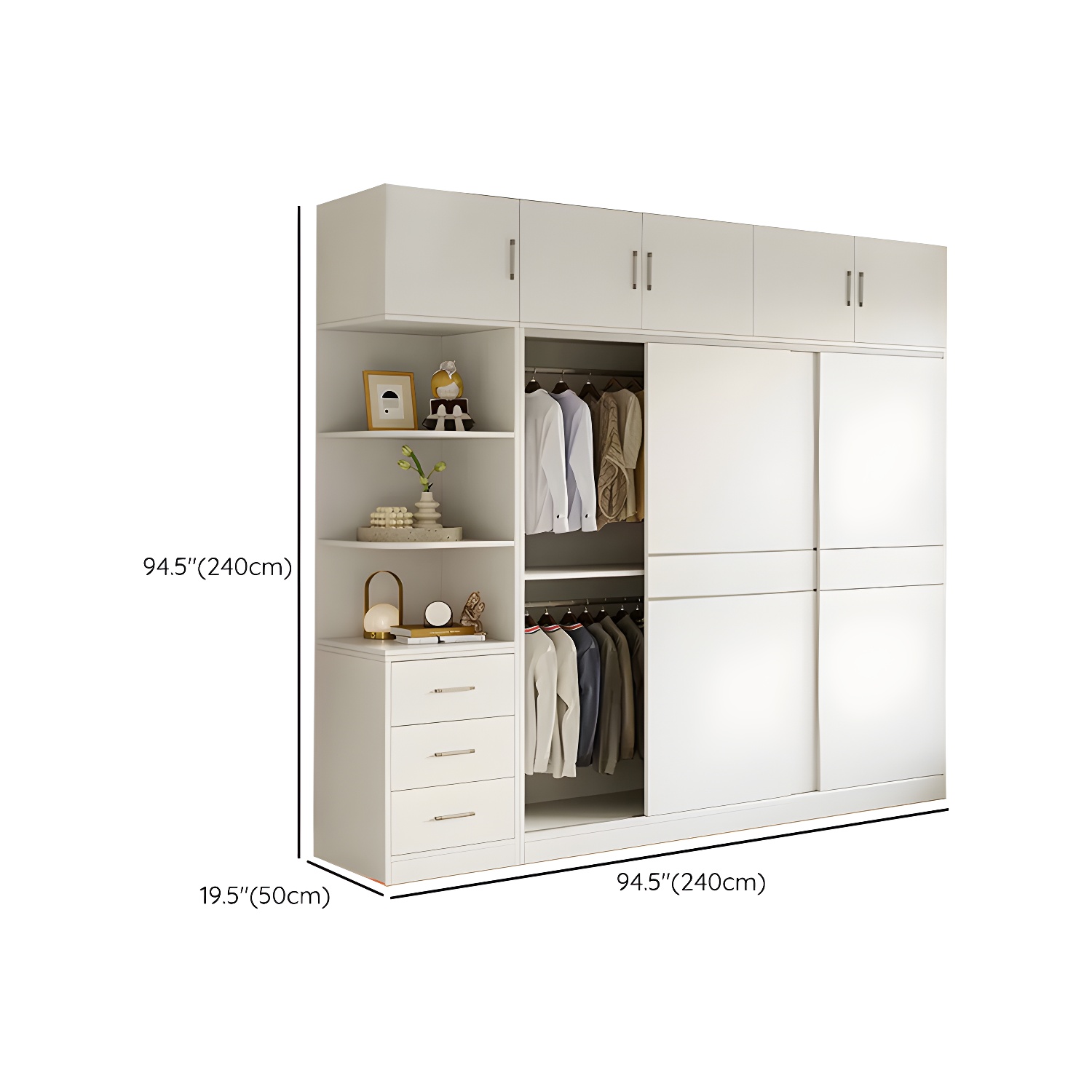 Modern White Wood Wardrobe Armoire with Sliding Doors, Shelves, and Soft Close Drawers - image 36