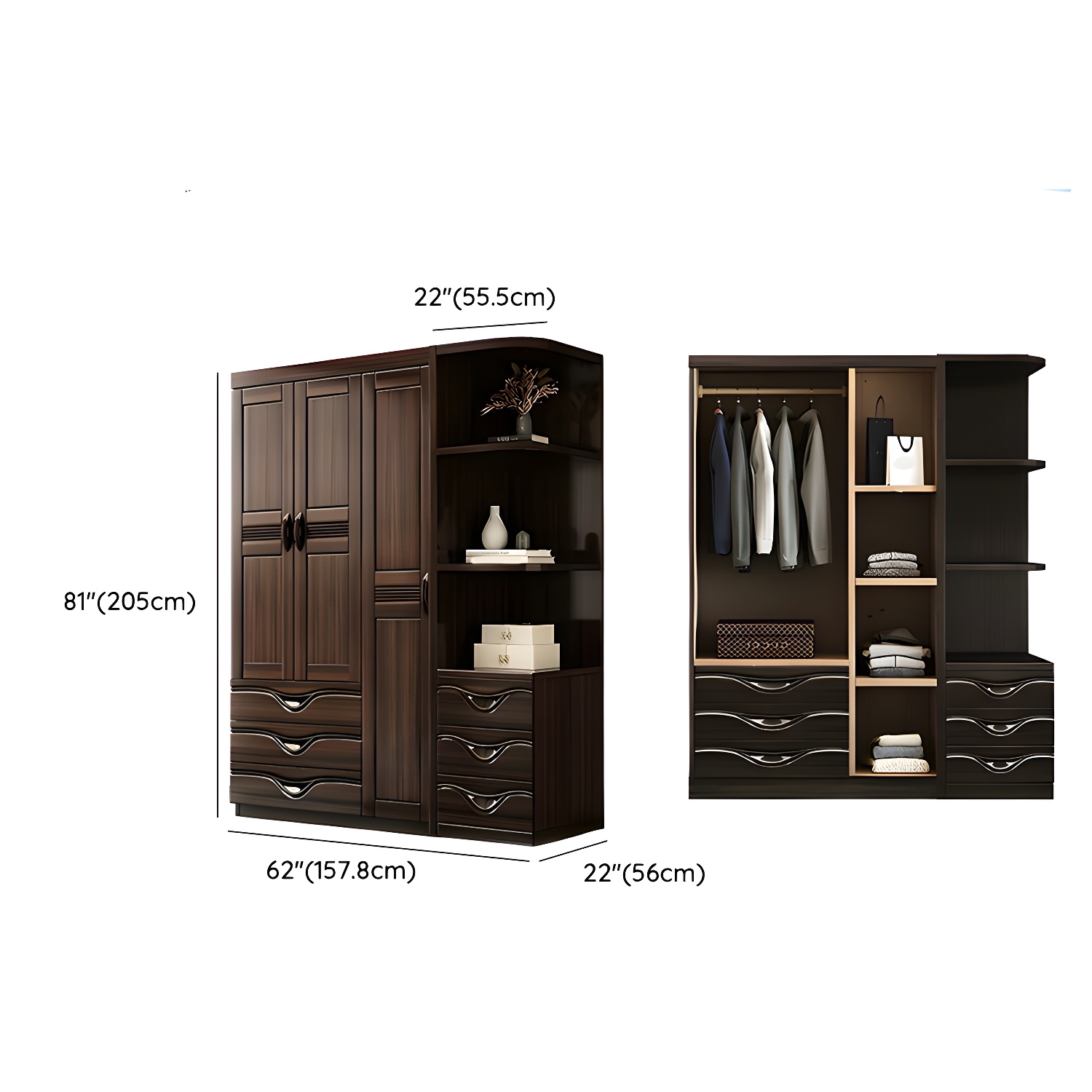 Traditional Black-brown Storage Wood Wardrobe with Clothing Rod and Shelves - image 13