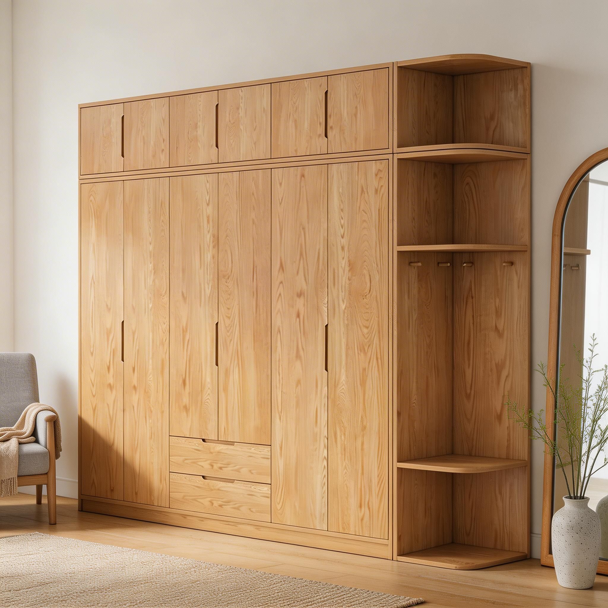 Modern Natural Wood Wardrobe Armoire with Sliding Doors, Drawers, and Shelves - image 25