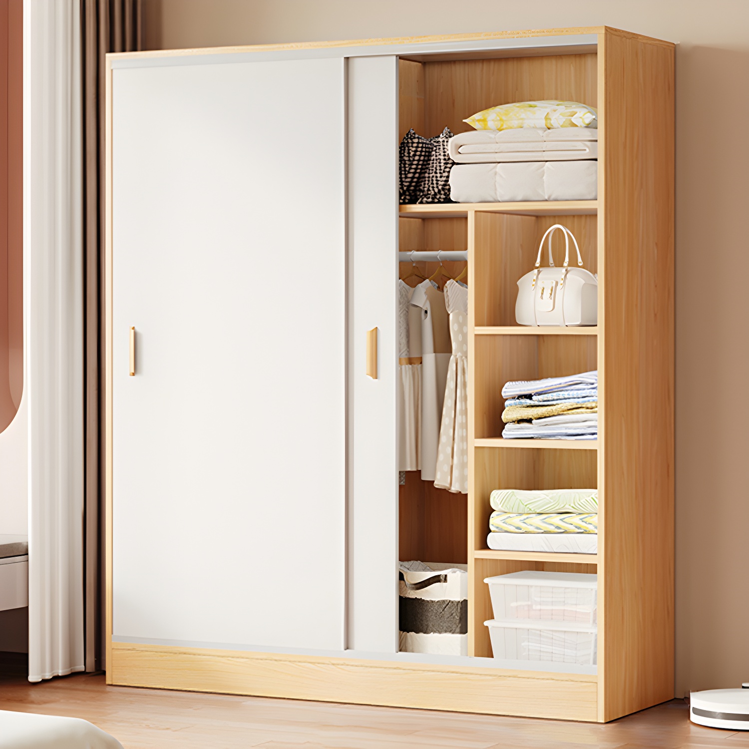 Contemporary Freestanding Wardrobe Armoire Wood Sliding Doors Wardrobe - image 15