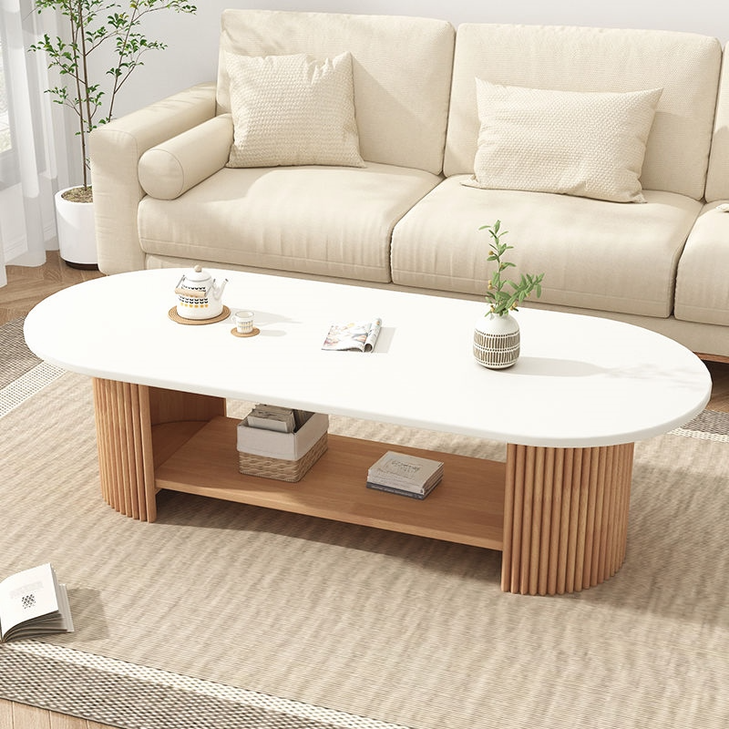 Oval Natural Wood Coffee Table with Twin Support Base, Repository, and 1 Shelf - image 9
